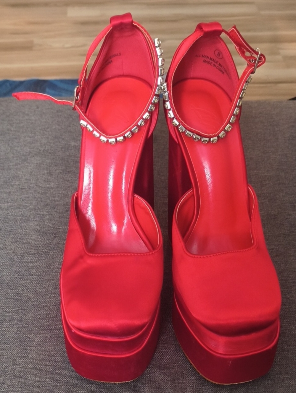 Liliana Red Platform Ankle-Strap Pumps with Rhinestone Trim
